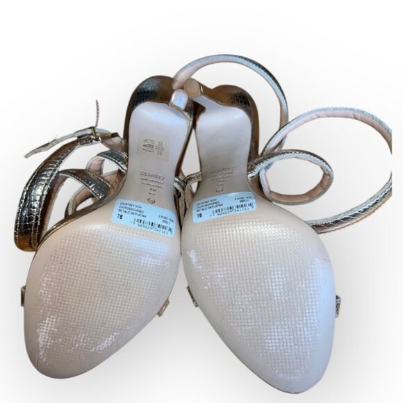 NWT Schultz COURTNEY Metallic Gold Leather snake print peep shoes heels pumps 7B - Picture 6 of 9